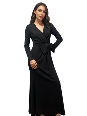 Black Long-Sleeve Wrap Maxi Dress with Waist Bow